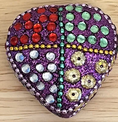 Heart Shaped Lidded Trinket Box Rhinestones Mosaic Sequins India Granny Core • $9.95