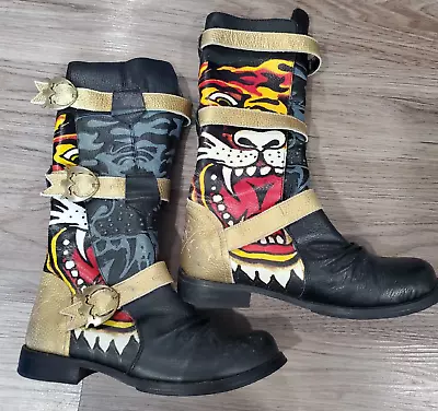 Ed Hardy Boots Size 8 Womens Y2K Tiger Buckle Faux Leather • $149.99