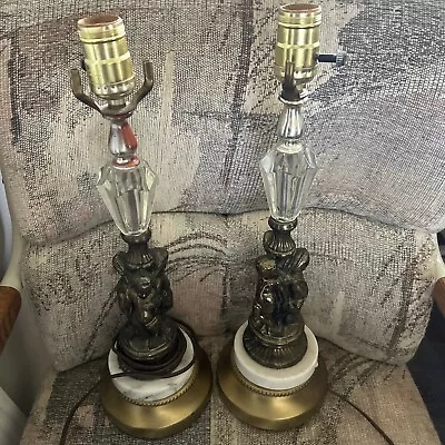 Vtg Pair Hollywood Regency Angel Cherub Boudoir Table Lamps Marble Brass Italy • $89.99