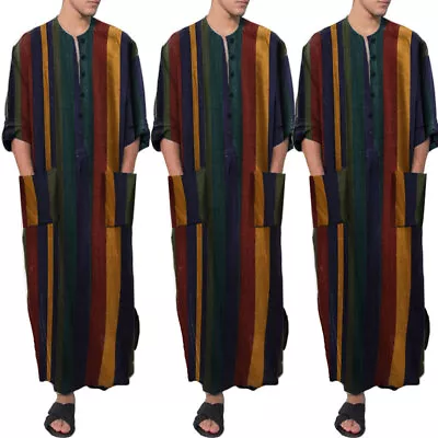 Fashion Mens Muslim Islamic Arab Kaftan Long Sleeve Saudi Dishdasha Abaya Robe • $16.60