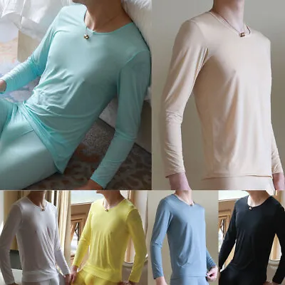 $13.99 • Buy Men See-through Long Sleeve Thermal Top Undershirt Base Layer Ice Silk Nightwear