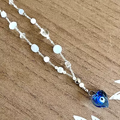 Blue Glass Evil Eye Pendant White Beaded Necklace Magnetic Clasp Plastic Beads • $14.84