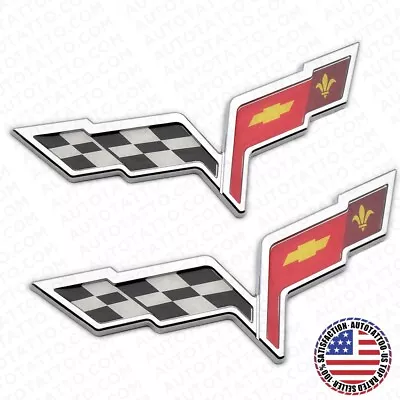 2x For 05-13 C6 Corvette Front Hood Rear Crossed Flags Badge Emblem Chrome Sport • $32.99