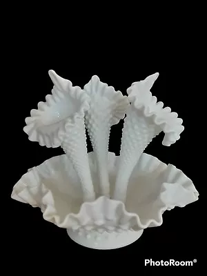 Vtg Fenton Milk Glass Hobnail Epergne 3 Horn Trumpet Vase Bowl Marked • $95