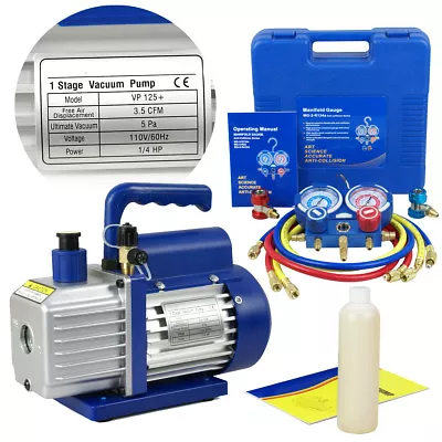 Deluxe R134a R410a R22 Manifold Gauge Set & 35CFM Vacuum Pump 4ft HVAC Hoses • $94.58