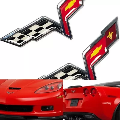 2Pcs Raised Front Hood &Rear Crossed Flag Emblem Badge For C6 Corvette 2005-2013 • $26.99