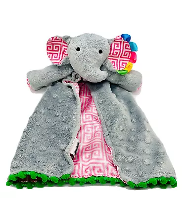 Mudpie Elephant Lovey Gray Minky 13” Pink Striped Trim Satin Security Blanket • $17