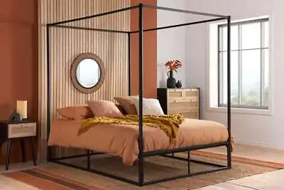 Four 4 Poster Metal Bed Frame - Black - Canopy Bed - 3FT 4FT 4FT6 5FT • £307.19