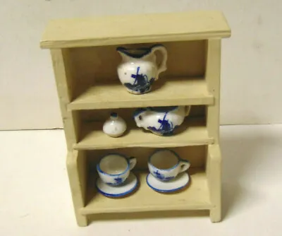 Vintage Doll House Wood Kitchen Hutch With Blue Delft Porcelain Dishes • $34