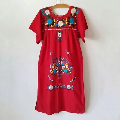 Vintage Mexican Handmade Cotton Embroidered Floral Dress M-L Red • £43.43