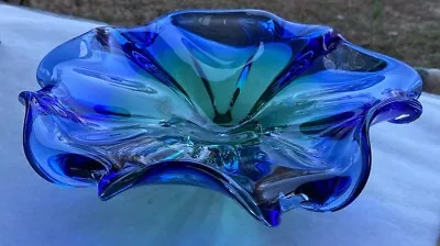 Art Glass Centerpiece Med Fruit Bowl Blue Green Center Clear Base Murano • $60