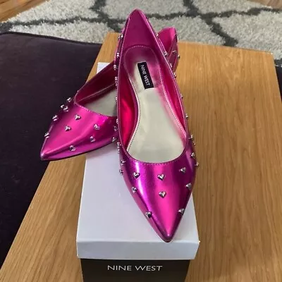 Nine West Pink Metallic Heart Studded Pointed Flats Size 7.5 NEW! AUTHENTIC • $65