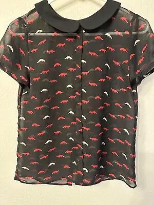$18 • Buy Vivienne Tam Size S Black Short Sleeve Top With Foxes Sheer Excellent