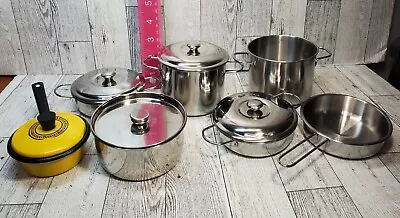 Vintage Metal Toy Kitchen Pots Pans Lids And Yellow Pan And Lid • $15