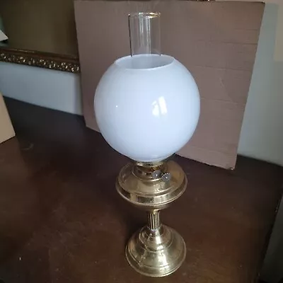 Vintage Brass And Glass Paraffin / Oil Lamp With Chimney And White Globe Shade • £44.95