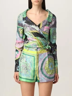 Versace 40 (M) 100% Silk Multicolored Baroque Patchwork Print Wrap Blouse • $645