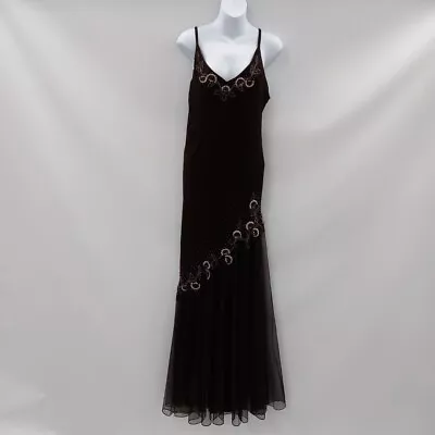 Xscape Brown Silk Beaded Dress UK 16 US12 Long Slip Women's RMF53-SM • £4.99