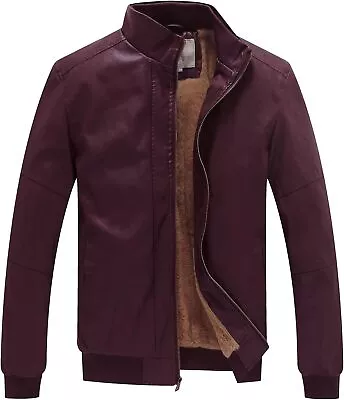 WenVen Men's Stand Collar Fleece Lined Bomber Faux Leather Jacket • $124.91