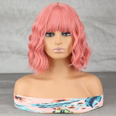 Short Bob Body Wave Synthetic Wigs Cosplay Wig Pink Bangs  Synthet Hair Lolita • £42.11