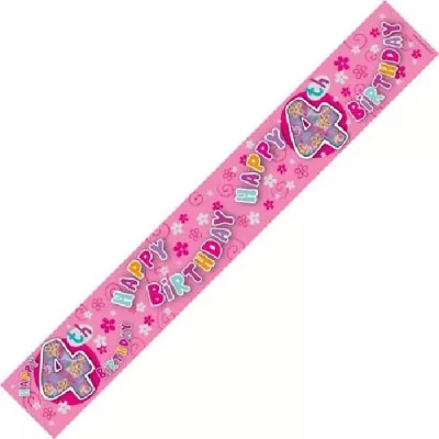 AGE 4 HAPPY BIRTHDAY BANNER - GIRLS PINK 4th PARTY DECORATION Four FAST DISPATCH • £2.59