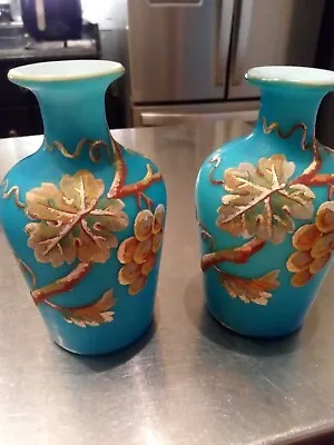 Frosted Blue Opaline Case Milk Glass Vase Pair Blown Glass Hand Painted Grapes • $69.99