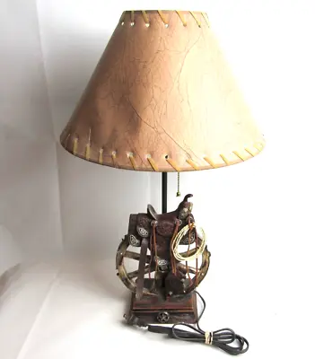 VTG Western Lamp Cowboy & Saddle Lasso Leather Like Wagon Wheel Rustic • $52.99