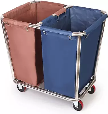 Rolling Laundry Sorter Cart 2 Bag Commercial Laundry Hamper Basket Cart With He • $188.99