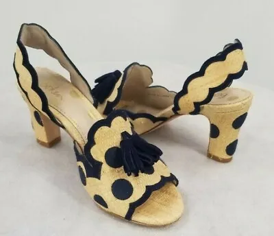 Boden Size 38 Clover Embroidered Heels Shoes Navy And Raffia Polka Dot • $84.99