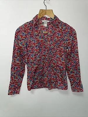 Vintage Cacharel Scarlet Red Yellow Green Blue Floral Cotton Shirt Size 12 • £26.99