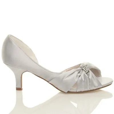 Womens Ladies Wedding Bridal Satin Peep Toe Evening Mid Heel Sandals Shoes Bags • £13.56