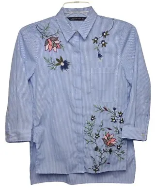 Zara Embroidered Blouse Small Floral Striped  • $19.99