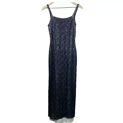 Jessica McClintock Gunne Sax 5/6 Black Lace Sequins Formal Maxi Dress Vintage • $20.99