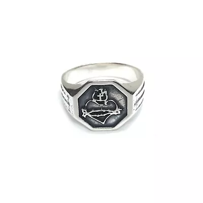 Genuine Sterling Silver Signet Ring Sacred Heart Hallmarked Solid 925 Handmade • £29