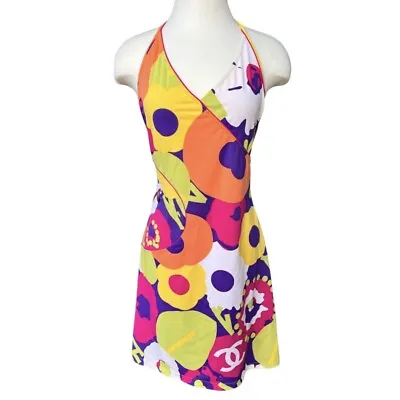 Chanel Vintage 2001 Logo Print Floral Halter Dress • $800