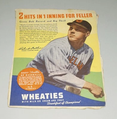 $13.38 • Buy 1934 - 1939 Series Wheaties Baseball Cereal Box Back Panel - Bob Feller Indians