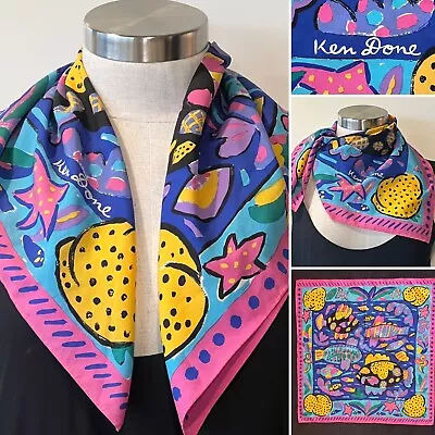 KEN DONE Vintage 1985 Below The Sea Print Scarf 60cm X 60cm Collectors Item • £47.29