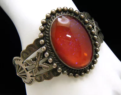 Vintage Southwest Design Sterling Silver Cuff Bracelet Large Dragons Breath Cab • $374.99