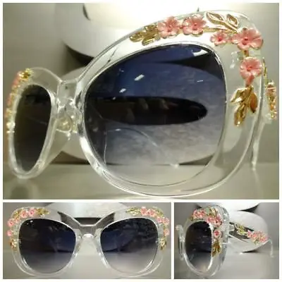 OVERSIZED VINTAGE RETRO CAT EYE Style SUNGLASSES Thick Clear Frame Floral Design • $29.99