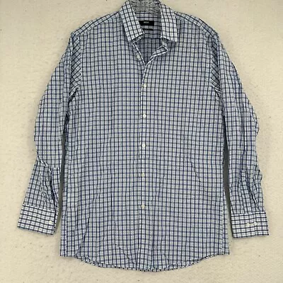 Hugo Boss Shirt Mens Large Blue 15.5 Sharp Fit Checked Dress Long Sleeve Cotton • $14.50