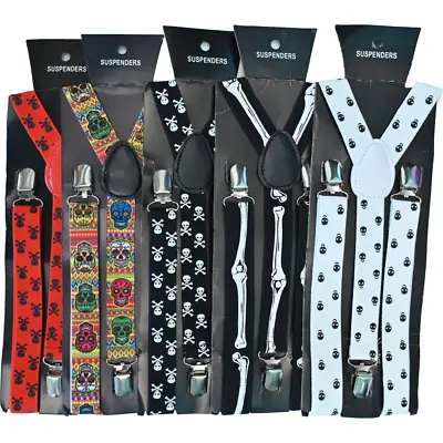 Mens Pattern Print Suspenders Braces Adjustable Formal Womens - Skull Designs • £7.47