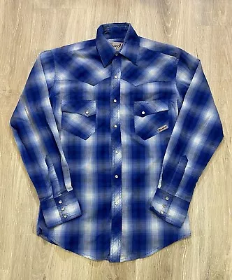 Vintage Wrancher Wrangler Western Pearl Snap Flannel Long Sleeve Shirt Blue Sz S • $18