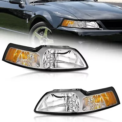 WEELMOTO Headlights Assembly For 1999-2004 Ford Mustang Chrome Corner Lamps Pair • $68.98