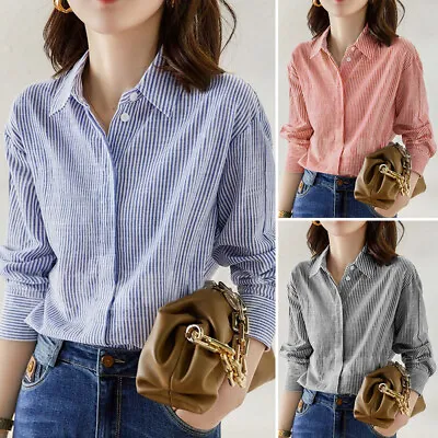 Women Collared Button Up Striped Shirt Casual Holiday Loose Blouse Tops Tee Plus • $25.27