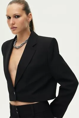 Nwt Zara Cropped Shoulder Pad Blazer Zw Collection Black | 8298/707 M $139 • $49