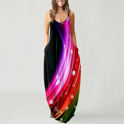 $27.88 • Buy Women Summer O-neck Flower Print Sleeveless Plus Size Pullover Long Dresses AU