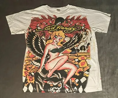 Ed Hardy  Vintage Graphic  Tee T Shirt Bombshell Pin Up Bust Sexy Wings Cat SZ M • $145