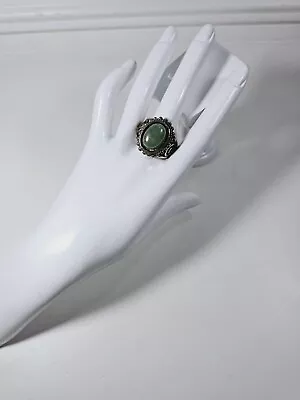 Vintage Silvertone & Coppertone Light Green Agate Ring Size 8.5 • $8