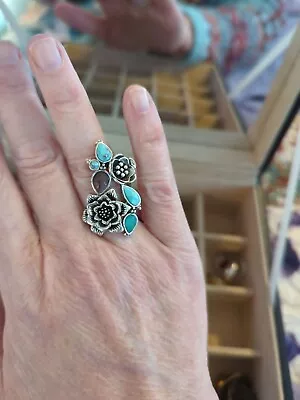 Lucky You Size 6.5 Large Faux Turquoise W/ Rhinestone Flower Cocktail Ring  • $19.50