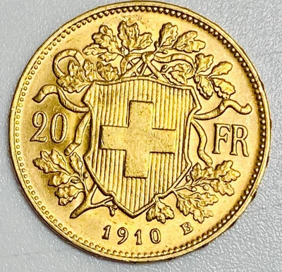 $405 • Buy 1910 B Gold Coin 20 Twenty Swiss Francs French Switzerland AU Helvetia Stars