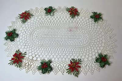 Vintage 1950's Christmas Oval Doily White Red Poinsettia Plastic Centerpiece MCM • $5.99